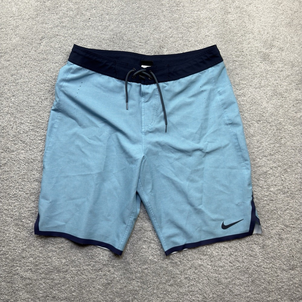 Nike Swim Board Shorts Mens 34 Light Blue Navy Colorblock Zip Pocket NESS9470